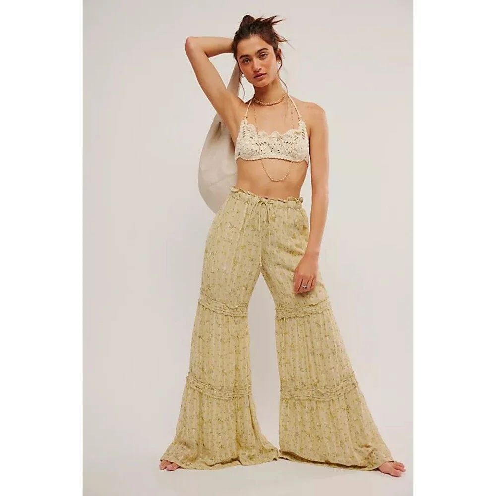 Free People Emmaline Tiered Pull-On Pants Green Medium M No Drawstring NEW